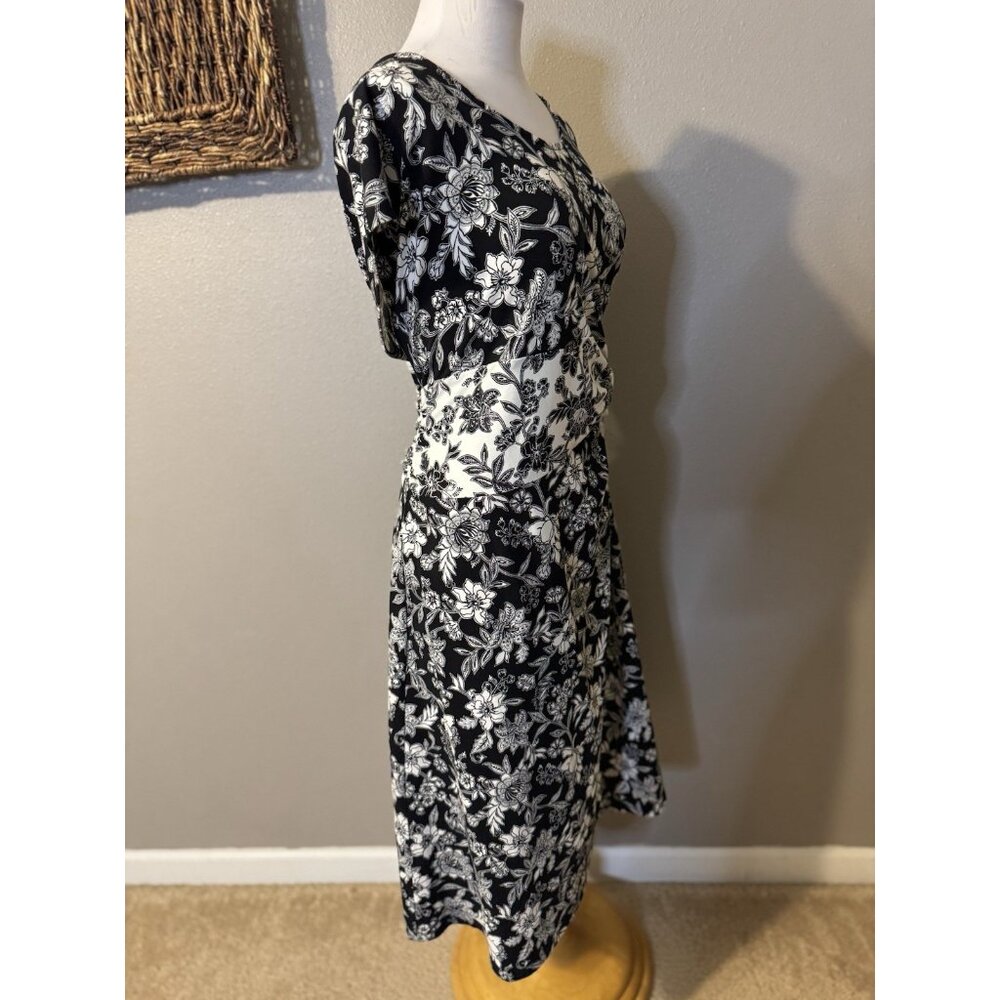 Lands End Dress XL Black Ivory Cap Sleeve Stretch Cotton Floral Washable NEW - Picture 6 of 14